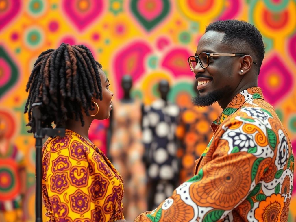 A fashion designer passionately showcasing their vibrant collection on a