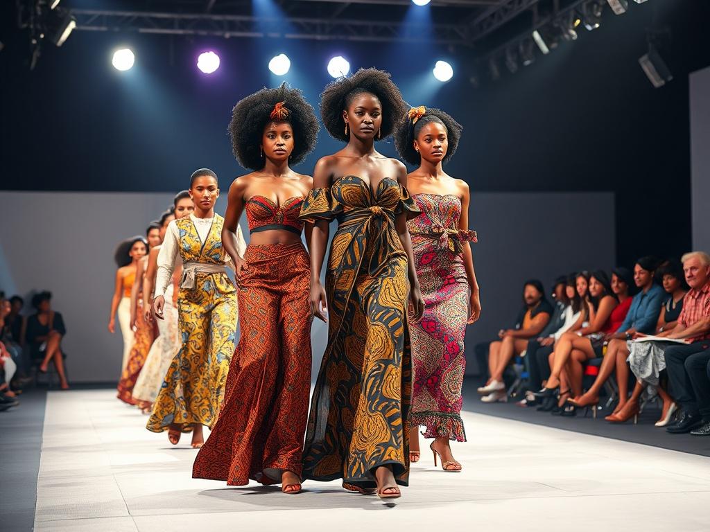 A dynamic fashion runway scene with models showcasing stunning African