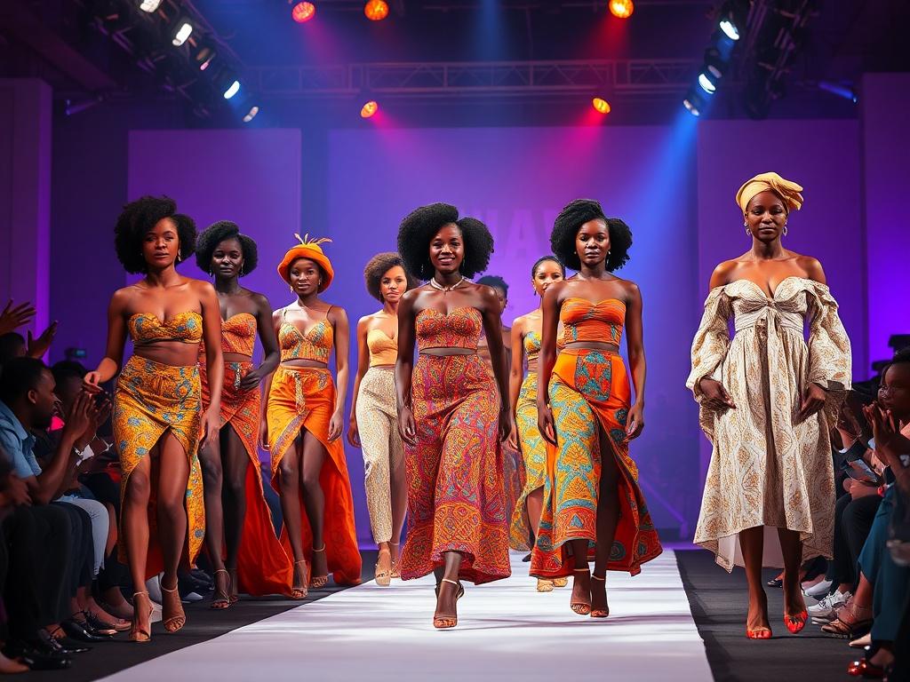 A vibrant and energetic fashion runway scene showcasing African models