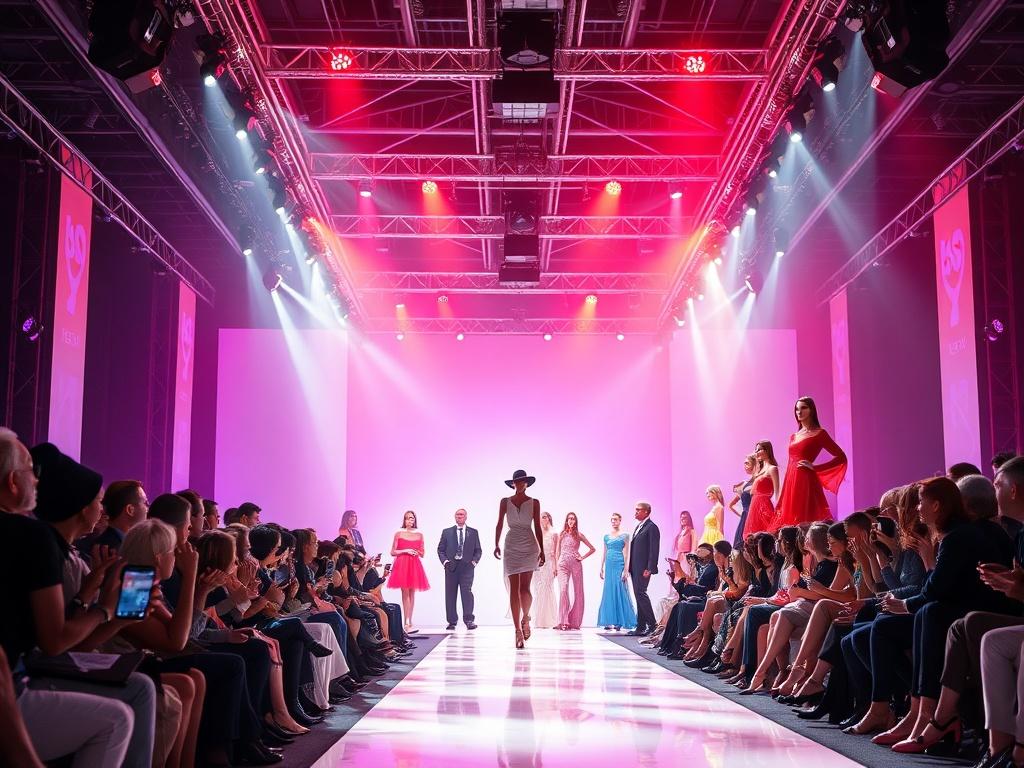 A breathtaking fashion runway finale scene, featuring multiple designers showcasing