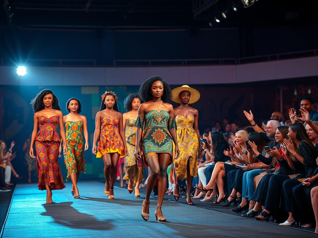 A vibrant fashion runway finale with models showcasing African fashion