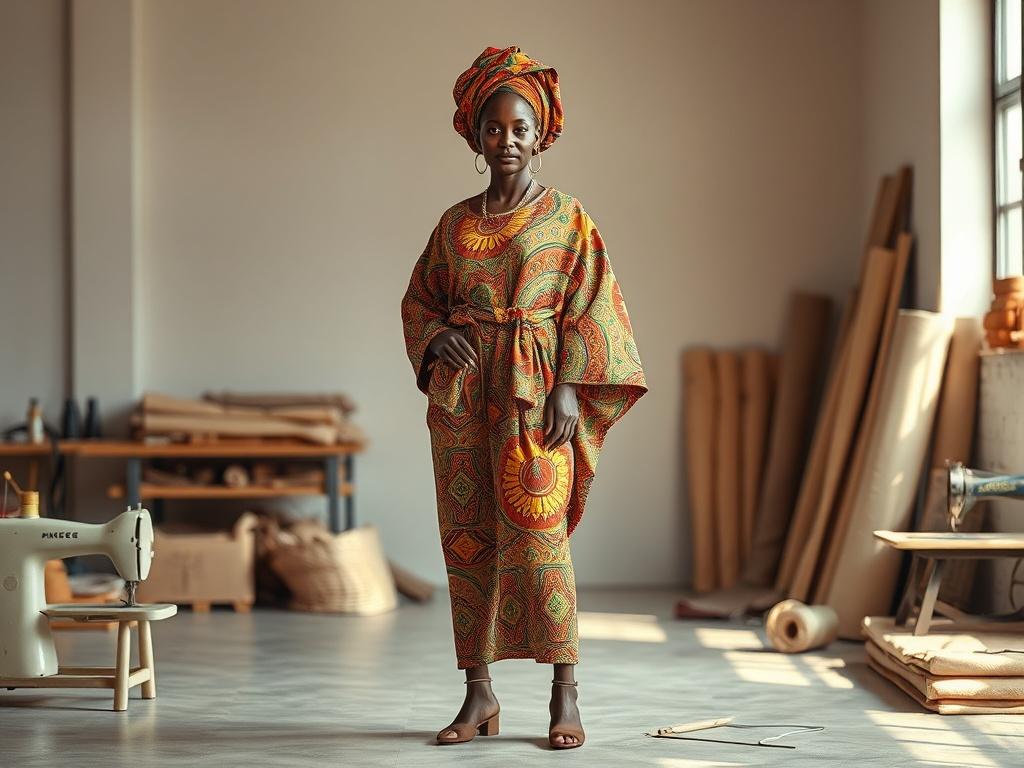 Create a highly detailed, high-resolution photo that encapsulates the theme of "The Journey of African Fashion." The composition should prominently feature a single African fashion designer standing confidently in a beautifully crafted traditional outfit that showcases the vibrant colors and intricate patterns of African textiles. The designer should be posed as if in the midst of creation, perhaps holding a design sketch or fabric swatch, reflecting their connection to the rich history and evolution of Afr