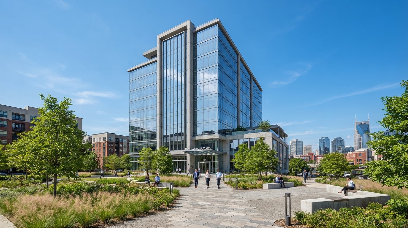 A modern mid-rise office building with a landscaped plaza at midday