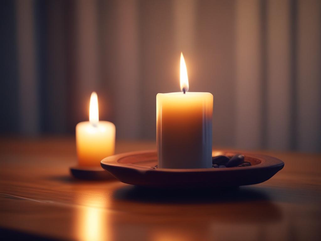 A serene, intimate setting for a night vigil, featuring a single candle on a wooden altar surrounded by soft, ambient lighting. The background is a blurred view of a peaceful prayer space, emphasizing tranquility. The focus is on the warm glow of the candlelight, casting gentle shadows. The color palette includes deep greens and soft yellows, creating a calming atmosphere that invites reflection and prayer.