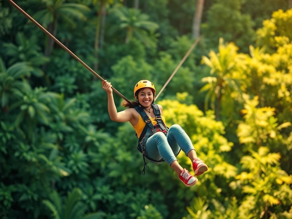 A vibrant scene showcasing a zip-lining adventure in Jamaica, with a lush green tropical forest in the background. The image features a single zip-liner soaring through the air, wearing a helmet and harness, with a look of joy and excitement on their face. Sunlight filters through the trees, creating a warm and inviting atmosphere, highlighting the beauty of the Jamaican landscape. The composition should be simple and clear, focusing solely on the zip-liner in action.