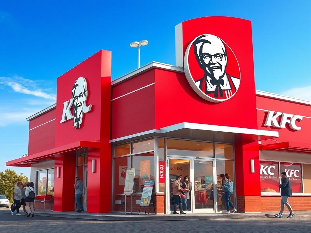 A high-resolution, photorealistic image of a KFC restaurant exterior with a bright blue sky in the background. The composition should focus on the KFC logo prominently displayed, along with a clear view of the restaurant's entrance. The scene should be lively, showcasing people entering and exiting the restaurant, with vibrant colors and clean lines. The image should evoke a sense of excitement and hunger, inviting viewers to stop for a delicious meal.