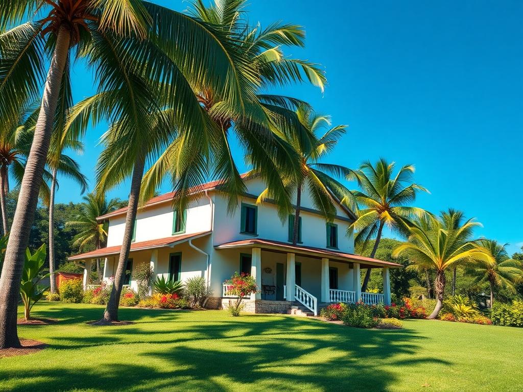 A high-resolution photo of the Bob Marley Museum in Nine Mile, Jamaica, showcasing the vibrant green landscape and the iconic home of Bob Marley. The composition should highlight the lush surroundings, with a clear view of the museum surrounded by palm trees and colorful flowers. The sky should be bright blue, creating a cheerful atmosphere that reflects the essence of reggae music. Ensure the focus is on the museum building, capturing its architectural details in extreme detail.