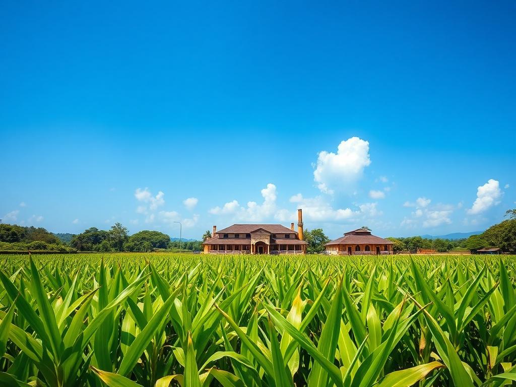 A realistic high-resolution photo showcasing a lush, picturesque landscape of the Appleton Estate, highlighting the vibrant green sugar cane fields under a clear blue sky. The foreground features a distillery building with traditional Jamaican architecture, surrounded by ripe sugar cane ready for harvest. The composition is minimalistic, focusing on the natural beauty and essence of rum-making, with bold, vibrant colors to capture the essence of Jamaica.