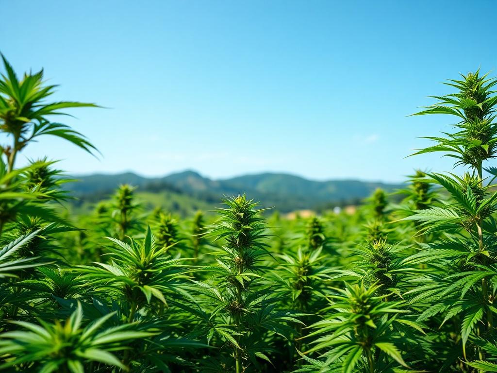 A realistic high-resolution photo of a lush Jamaican cannabis farm, with vibrant green plants in the foreground. The background features a clear blue sky and rolling hills, highlighting the natural beauty of Jamaica. The composition focuses on the rich foliage and the detailed texture of the cannabis leaves, creating a serene and inviting atmosphere.