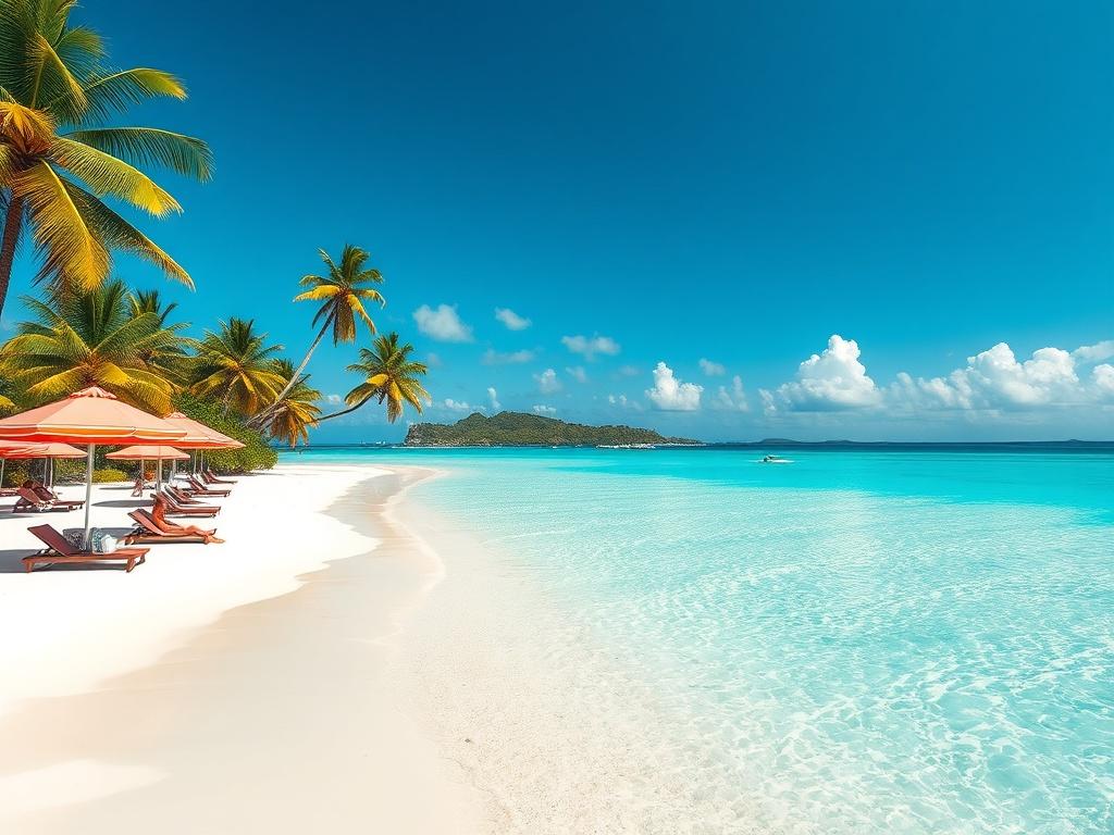 A stunning view of Doctors Cove Beach in Jamaica, featuring soft white sands and crystal-clear turquoise waters. The image should capture a peaceful atmosphere with a few people lounging under vibrant beach umbrellas, enjoying the sun. The background should include lush tropical palm trees swaying gently in the breeze, and a clear blue sky above, emphasizing the serene beauty of this beach destination.