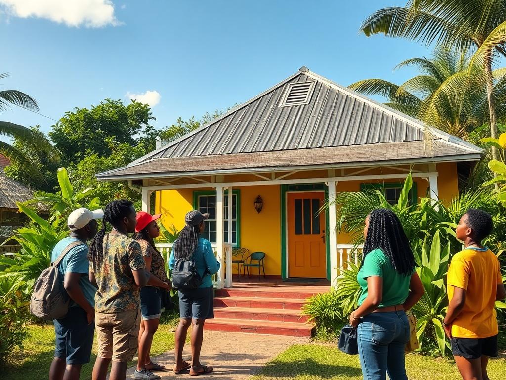 An engaging image of a group of tourists standing outside Bob Marley’s childhood home, listening intently to a guide sharing stories. The house is vibrant with Jamaican colors, surrounded by lush greenery that reflects the rich culture. The scene captures the excitement and passion of music lovers exploring reggae history.