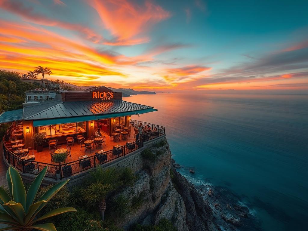 A breathtaking view of Rick's Café located on a cliff overlooking the ocean. The scene captures the vibrant atmosphere with people enjoying drinks on the terrace, colorful sunset in the background, and the clear blue sea below. The focus is on the café, showcasing its lively setting, with lush greenery surrounding the area, creating a tropical paradise feel.