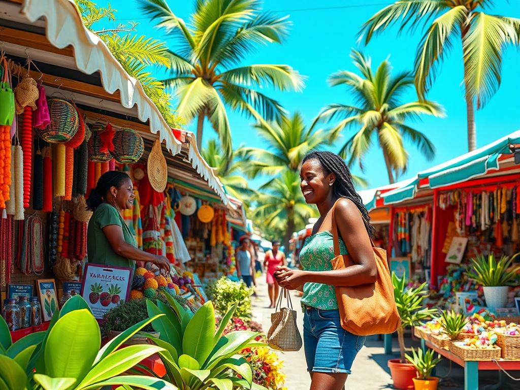 A vibrant scene of a Jamaican market filled with colorful stalls displaying local crafts and souvenirs. The image focuses on a happy shopper interacting with a friendly vendor, surrounded by tropical plants and bright colors. The background features a clear blue sky, capturing the lively atmosphere of a bustling market day.