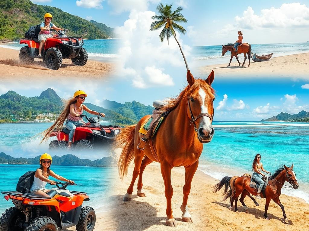 A vibrant collage showcasing various excursions in Jamaica, including ATV rides, horseback riding, and serene beach scenes. The image captures the excitement and diversity of activities available. Bright colors and happy faces of tourists enjoying their adventures create an inviting atmosphere. The background features lush landscapes and crystal-clear waters, embodying the spirit of adventure in Jamaica.