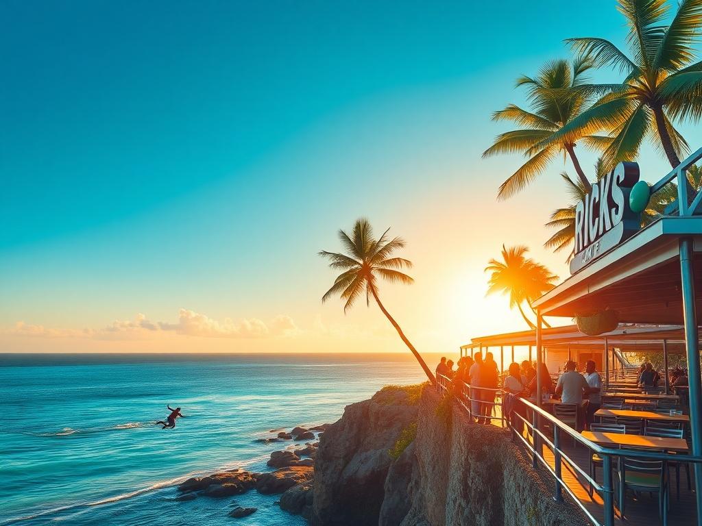 A vibrant, high-resolution photo of Ricks Cafe showcasing the stunning coastline of Jamaica. The image features a clear blue sky, the cafe's lively atmosphere, and a person cliff diving into the turquoise waters below. In the background, lush green palm trees sway gently in the breeze, while the sun sets, casting a warm golden glow over the scene. The composition is minimalistic, focusing on the exhilarating experience of cliff diving and the beauty of the cafe's surroundings.