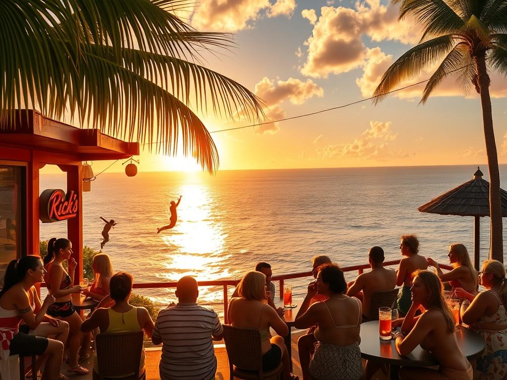 A picturesque view of Rick's Café on the cliffs of Negril, showcasing people enjoying drinks and watching cliff divers. The sunset casts a warm golden glow over the scene, with the Caribbean Sea sparkling in the background. The café's vibrant colors and lively atmosphere are highlighted, showing guests laughing and enjoying their time. The image captures the essence of fun and relaxation in a beautiful tropical setting.