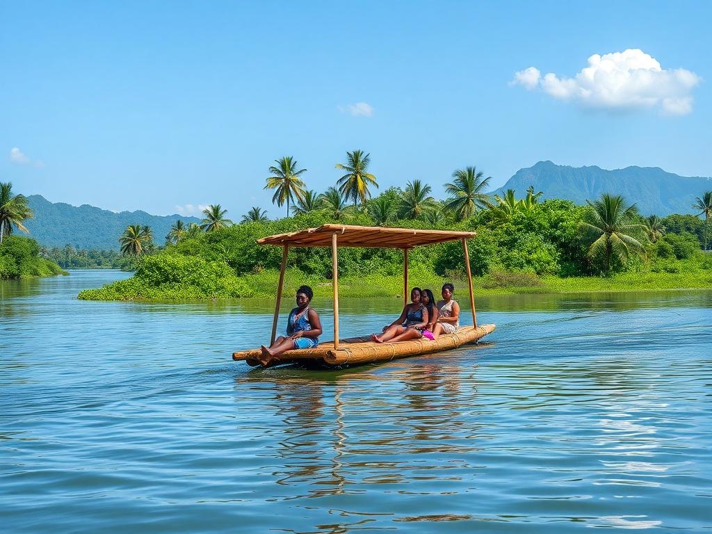 A vibrant and colorful photo of a bamboo raft on a serene river in Jamaica, surrounded by lush green vegetation. In the background, a clear blue sky and distant mountains can be seen, creating a picturesque tropical setting. The focus is on the bamboo raft with people enjoying their experience, capturing the essence of adventure and relaxation. The image should evoke a sense of wanderlust.