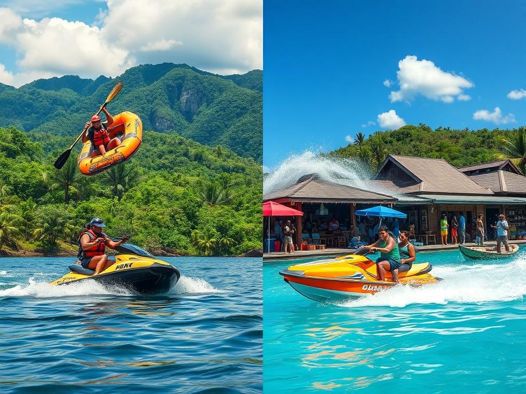 A captivating image showcasing a collage of Jamaican experiences—bamboo rafting, jet skiing, and vibrant local markets. Each activity is depicted in a separate quadrant, emphasizing the diversity of tours offered. The background features lush greenery and turquoise waters, encapsulating the essence of Jamaica's natural beauty. The imagery should inspire adventure and excitement.
