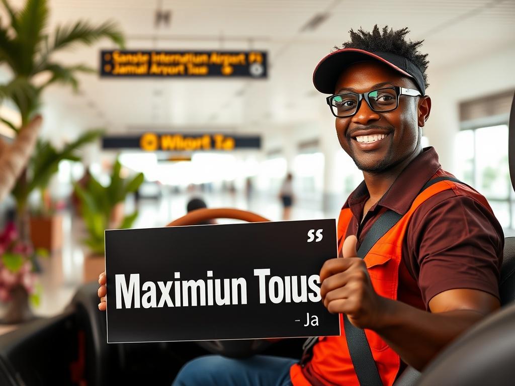 A high-resolution image of a friendly driver welcoming guests at Sangster International Airport in Jamaica. In the foreground, the driver holds a sign with 'Maxiimum Tours Ja' while smiling warmly. The background features the airport terminal, showcasing tropical plants and the vibrant atmosphere. The scene captures the essence of friendly service and a hassle-free travel experience.