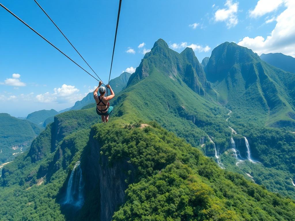 A breathtaking view of Mystic Mountain in Jamaica showcasing lush greenery and waterfalls. The foreground features a zip-lining activity with a person soaring through the air, capturing the thrill of adventure. The background includes the majestic mountain landscape under a clear blue sky, with vibrant colors highlighting the natural beauty of the scene. The composition is simple and clear, focusing on the adventure and scenery.