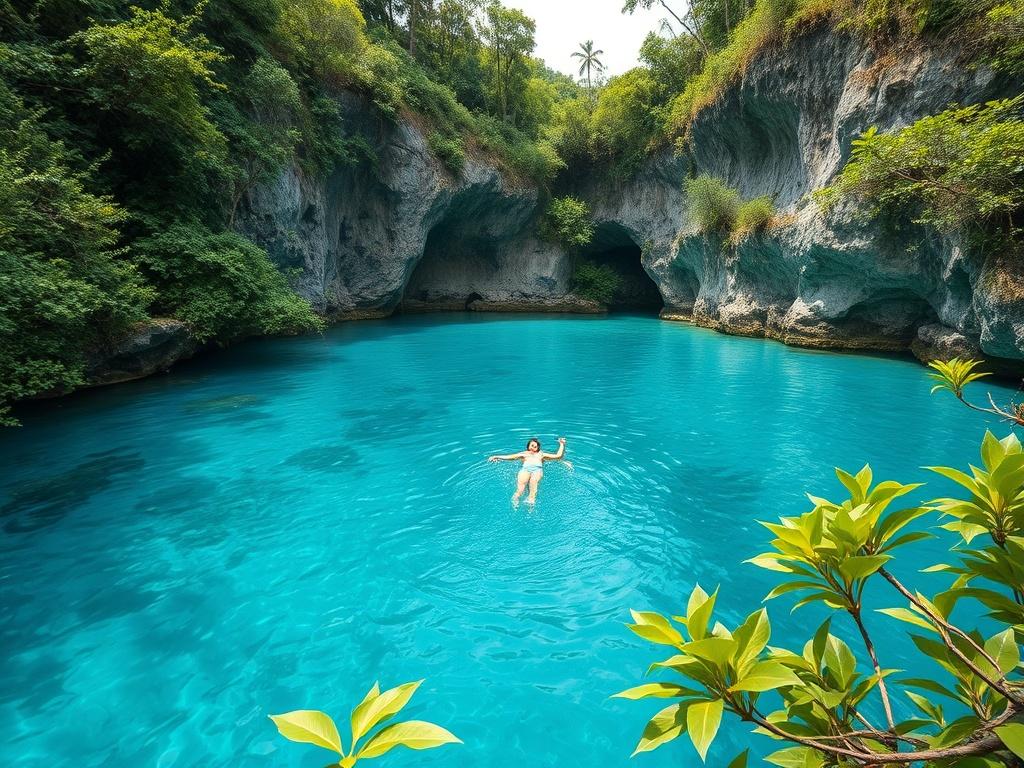 A stunning high-resolution photo of the Blue Hole in Jamaica, showcasing the vibrant turquoise water surrounded by lush green vegetation. The scene captures a person swimming in the crystal-clear water, with dramatic limestone cliffs in the background. The composition is simple and clear, focusing on the natural beauty of the Blue Hole, with clean lines and bold vibrant colors, highlighting the essential elements of this breathtaking location.
