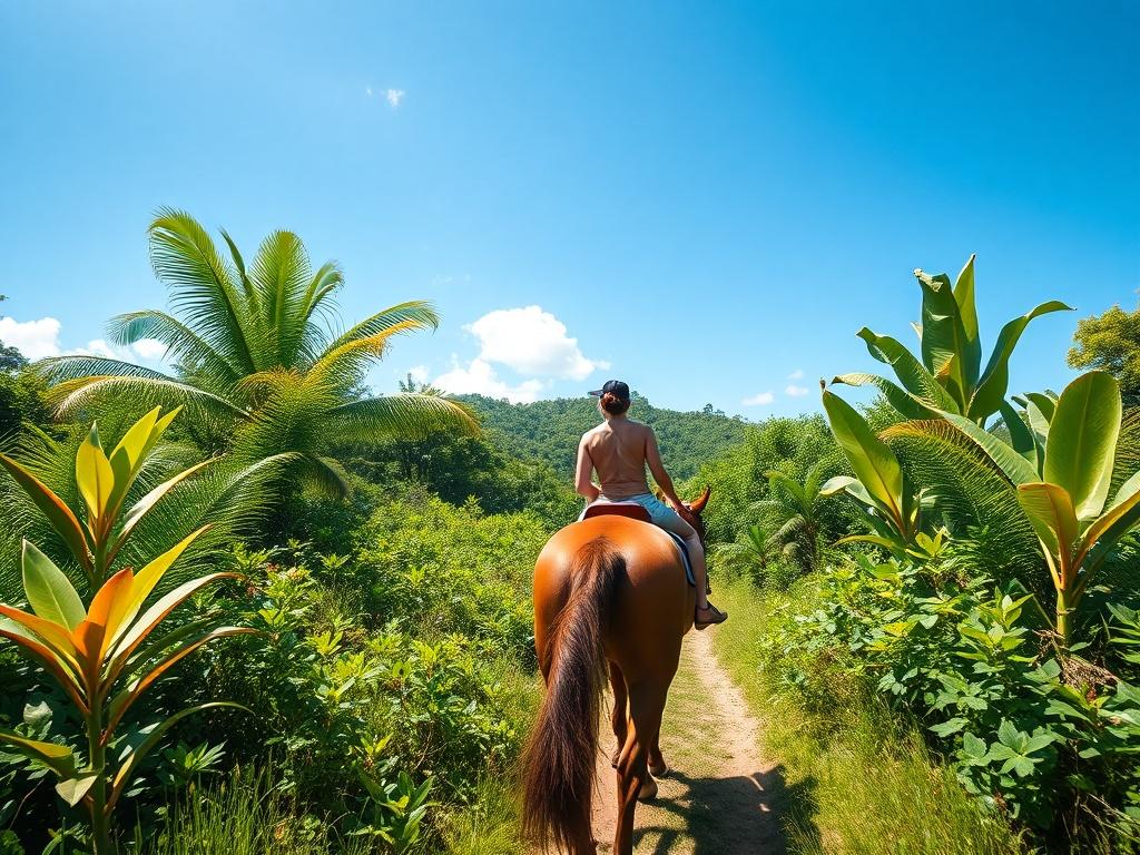 A realistic high-resolution photo of a person riding a brown horse along a lush, green trail in Jamaica. The background features vibrant tropical foliage and a clear blue sky. The composition should focus solely on the rider and the horse, capturing the sense of adventure in a serene environment. The colors should be bold and vibrant, emphasizing the natural beauty of Jamaica.