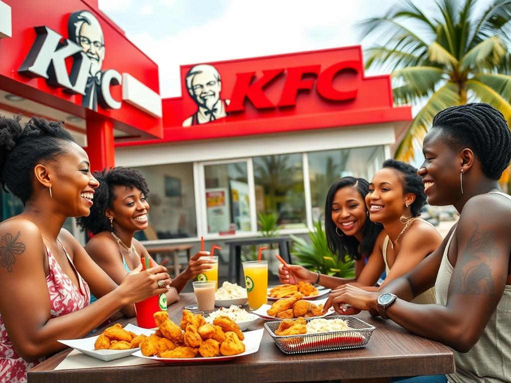 A lively scene depicting a KFC stop in Jamaica, featuring