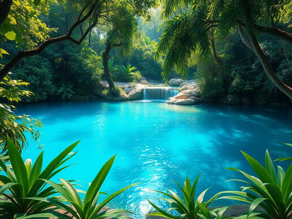 A serene and vibrant Blue Hole in Jamaica, showcasing crystal clear blue waters surrounded by lush green tropical plants and trees. The focus should be on the vibrant water contrasting with the greenery. Include a slight waterfall cascading into the pool, with sunlight filtering through the leaves creating a magical atmosphere. The composition should be simple and clear, capturing the beauty and tranquility of this natural wonder.