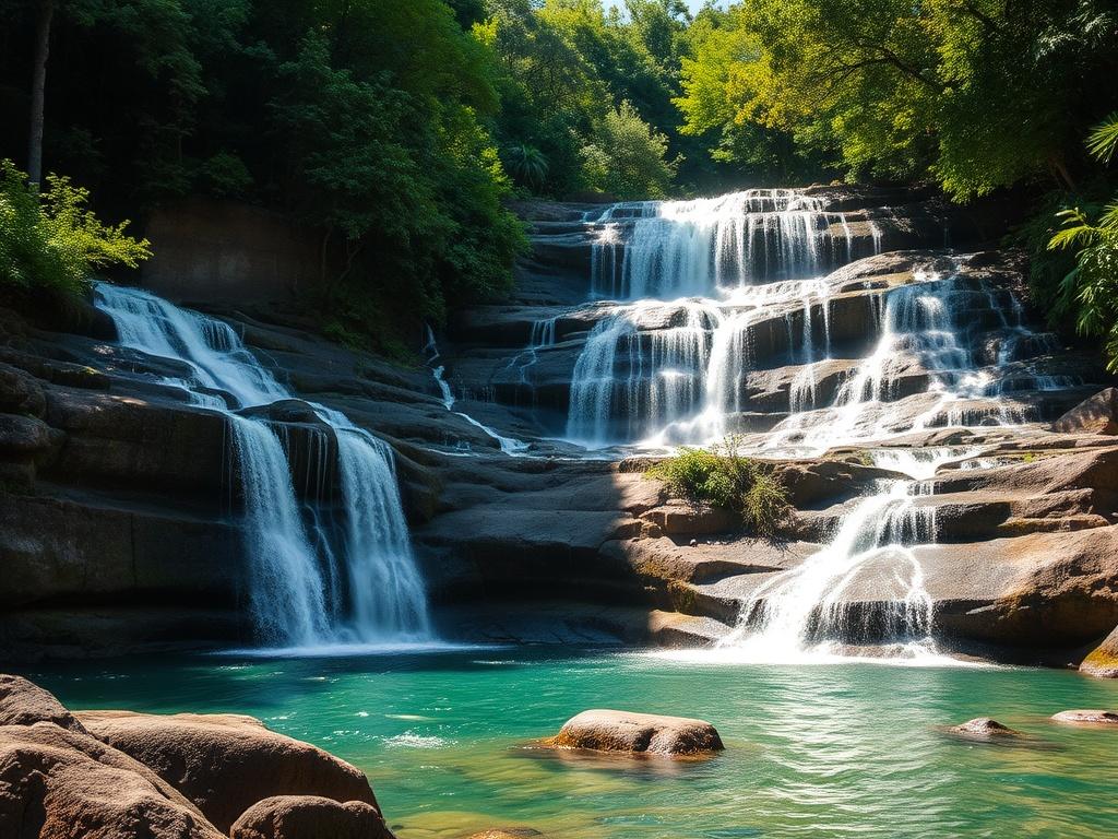 A vibrant, high-resolution image of Dunn River Falls in Jamaica, showcasing the cascading waterfalls over terraced rocks surrounded by lush green foliage. The scene should capture the crystal-clear water flowing down the falls, with sunlight filtering through the trees, creating a serene and inviting atmosphere. The composition should focus on the waterfall as the central subject, emphasizing the natural beauty and tranquility of this iconic location.