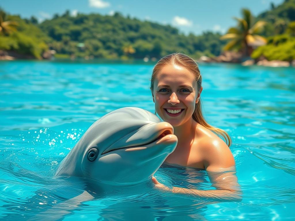 A realistic high-resolution photo of a person swimming with a dolphin in a tropical cove. The scene should feature clear blue waters and lush greenery in the background, showcasing vibrant colors and a sunny atmosphere. The person should be smiling, interacting joyfully with the dolphin, capturing a moment of connection. The focus should be on the dolphin and the swimmer, with simple and clean composition.