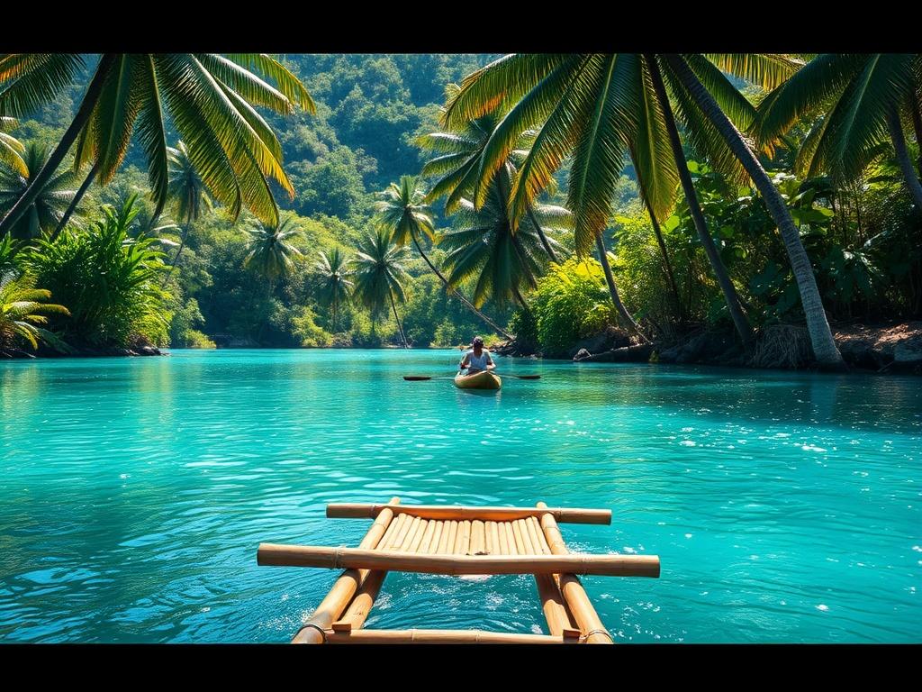 Create a realistic high-resolution photo that captures the serene beauty of bamboo rafting in Jamaica. The composition should focus on a single bamboo raft gently floating on a crystal-clear river, surrounded by lush greenery and towering palm trees. The raft should be crafted from natural bamboo, with soft, natural hues reflecting the vibrant surroundings.

In the background, depict a tranquil scene of the Jamaican landscape: shimmering turquoise waters, gentle ripples on the river's surface, and vivid gre