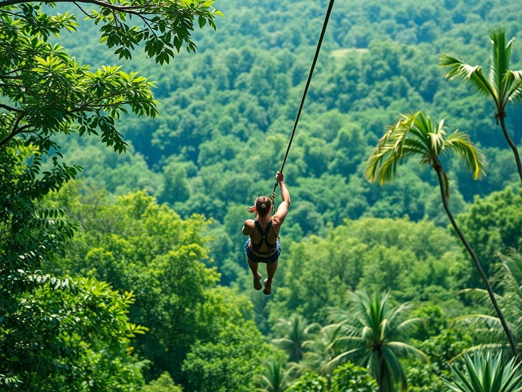 A realistic high-resolution photo of a person ziplining through lush green treetops in Jamaica. The scene captures the thrill of the moment, with the zipline stretched across a vibrant forest landscape. The background features a mix of bright green foliage and glimpses of the blue sky, emphasizing the adventure and natural beauty. The composition should focus solely on the zipliner, showcasing their excitement and the dynamic motion of the activity.