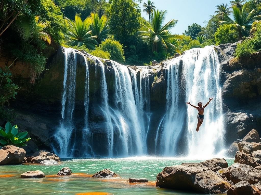 A realistic high-resolution photo of the iconic Dunn River Falls in Jamaica. The image captures the cascading waterfalls flowing down natural rock formations, with lush green tropical vegetation surrounding the area. Bright sunlight enhances the vibrant colors of the water and foliage, creating a lively atmosphere. A single person is seen joyfully climbing the waterfall, showcasing the adventurous spirit of the location. The composition is simple, focusing solely on the falls and the climber, with no distra
