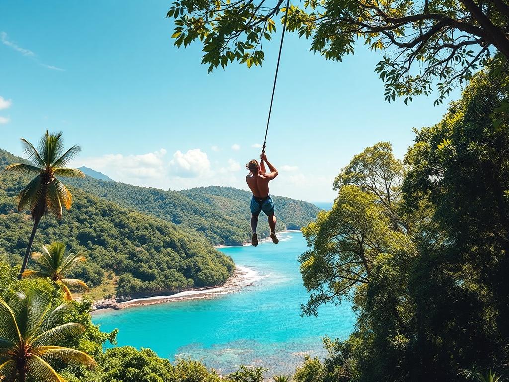 A realistic high-resolution photo of a zip-lining adventure at Chukka Cove in Jamaica. The image features a person soaring through the air on a zip line, surrounded by lush green trees and vibrant tropical scenery. The background shows a clear blue sky and a glimpse of a sparkling lagoon below. The composition is minimalistic with a focus on the thrill of the zip line, showcasing the excitement and natural beauty of the location.