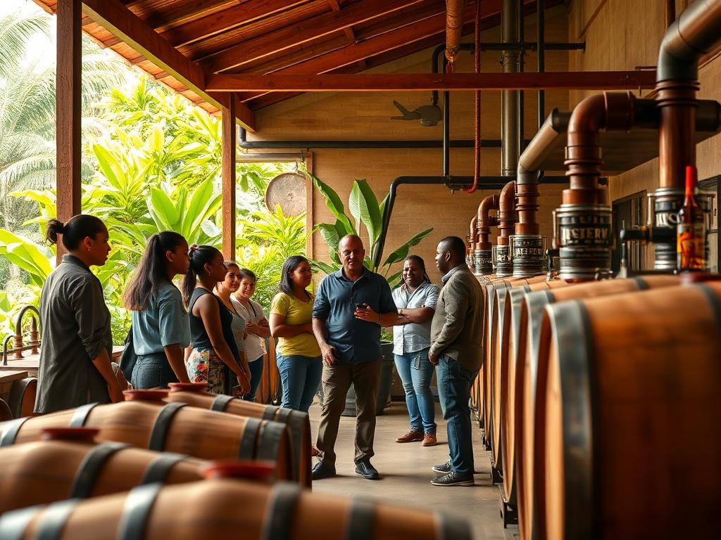 A realistic high-resolution photo of a distillery tour at Appleton Estate, showcasing a guide explaining the rum-making process to a small group of tourists. The scene is vibrant with lush greenery in the background, and barrels of rum aging in the foreground. The atmosphere is warm and inviting, capturing the essence of Jamaican heritage and craftsmanship.