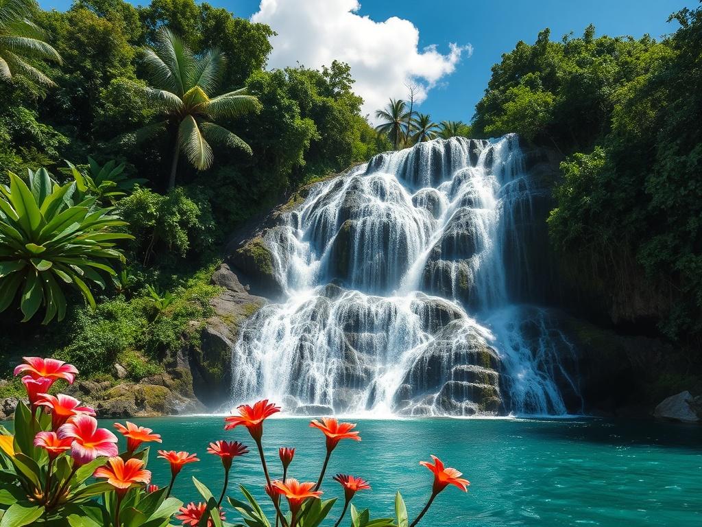 A stunning view of Dunn's River Falls in Jamaica, showcasing the cascading waterfalls with crystal-clear water flowing over the rocks. The scene features lush green vegetation surrounding the falls, with vibrant tropical flowers in the foreground. The composition should focus on the waterfalls as the main subject, capturing the dynamic movement of the water. The background should include a bright blue sky with a few fluffy white clouds, enhancing the natural beauty of the scene.
