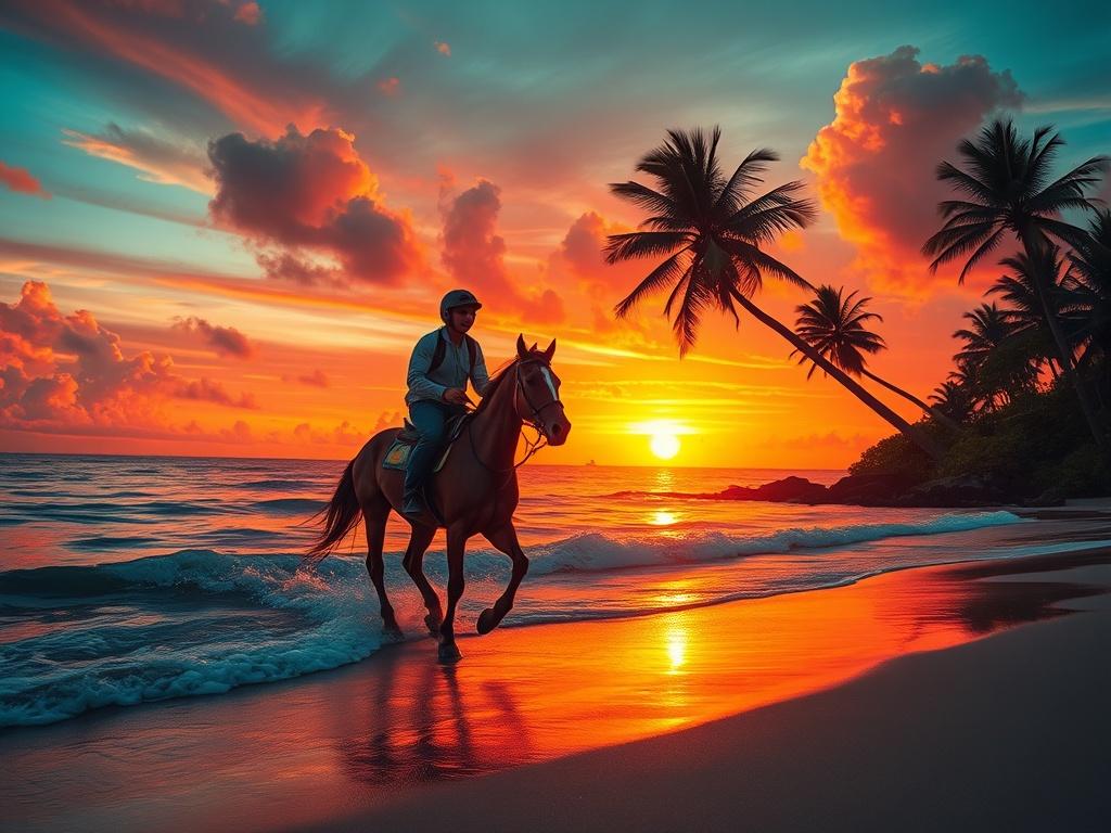 A realistic high-resolution photo of a rider on a horse galloping along a beautiful Jamaican beach during sunset. The scene captures the vibrant colors of the sky reflecting on the water, with gentle waves lapping at the shore. The rider is wearing a helmet and riding gear, showcasing a sense of adventure and freedom. The background features lush greenery and palm trees, enhancing the tropical vibe of the setting. The composition is minimalistic, focusing on the rider and horse, with clean lines and bold co