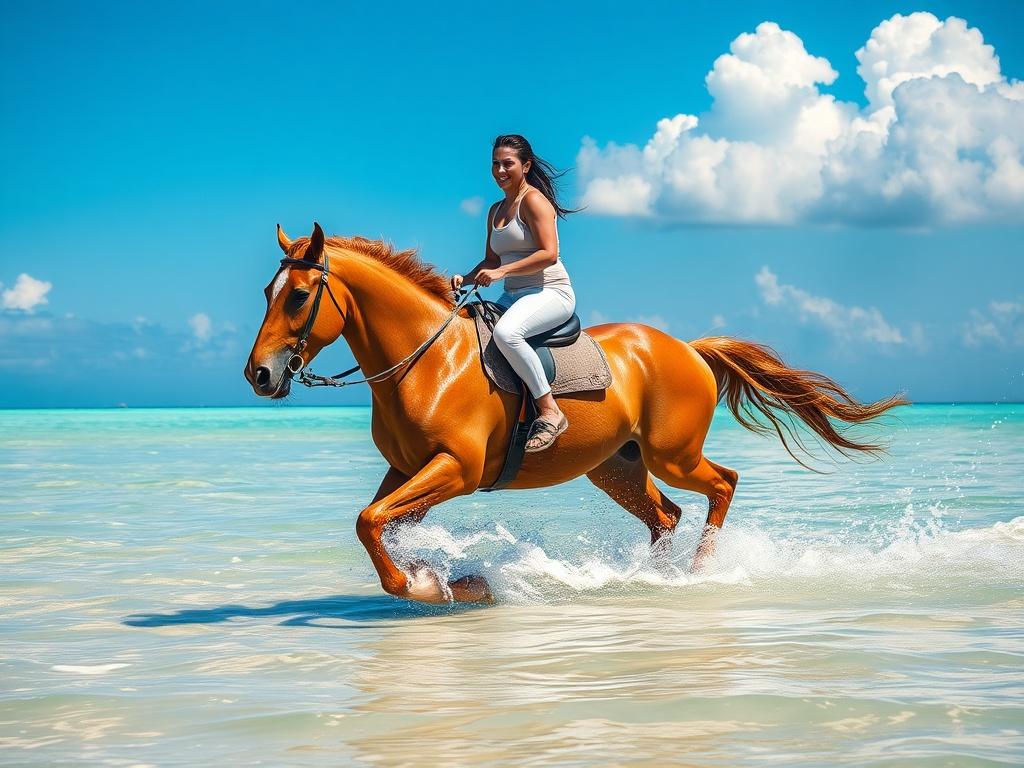 A realistic high-resolution photo of a lone rider on a majestic horse, galloping through the shallow waters of the Caribbean Sea. The background features a clear blue sky with a few fluffy clouds, and the golden sand of the beach is visible on the sides. The sunlight sparkles on the water, creating a vibrant and inviting atmosphere. The horse should be in mid-stride, splashing water around, with the rider smiling and enjoying the moment, showcasing the thrill and joy of horseback riding in the ocean.