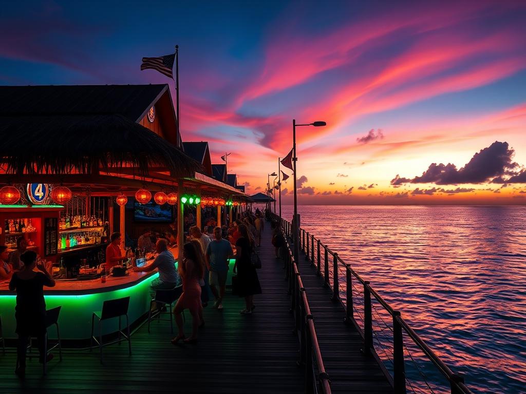 A realistic high-resolution photo of Pier 1 Jamaica, showcasing the vibrant nightlife with colorful lights reflecting on the calm Caribbean Sea. The scene should include lively people enjoying the atmosphere, with a backdrop of a stunning sunset. The composition should be simple and clear, focusing on the bar area and the beautiful ocean view, with bold vibrant colors that highlight the lively essence of the location.
