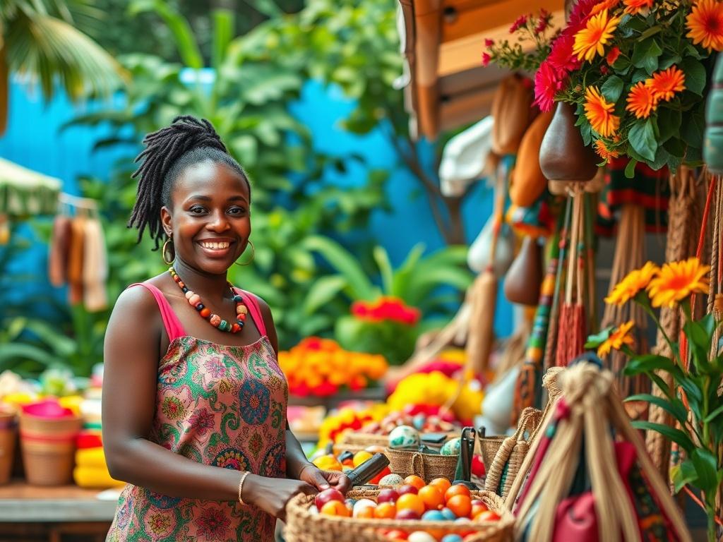 A vibrant outdoor market scene in Jamaica, showcasing colorful stalls filled with handmade crafts and souvenirs. The focus should be on a smiling local vendor presenting traditional Jamaican items, surrounded by lush greenery and bright flowers in the background. The composition should be lively and inviting, capturing the essence of a bustling shopping experience.