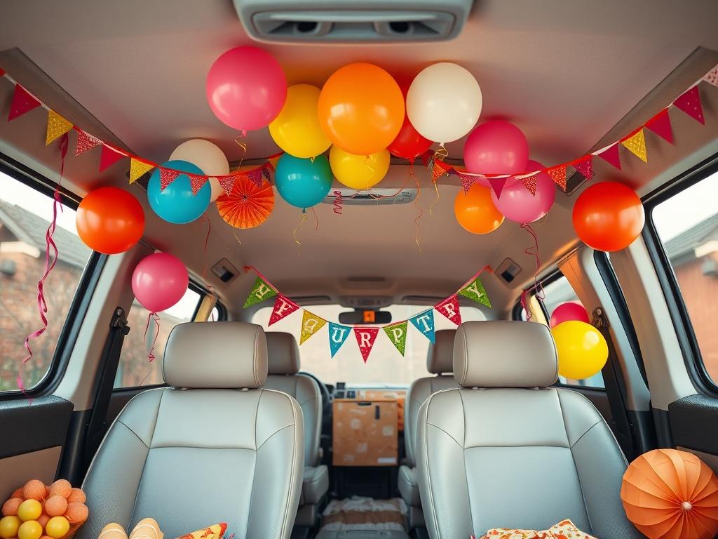 A realistic high-resolution photo of a van's interior decorated for a party. The van should have colorful balloons, streamers, and party-themed decorations adorning the seats and ceiling. The background should be minimalistic, focusing on the festive decorations that create an inviting atmosphere. The colors should be vibrant, with a bright and cheerful ambiance, showcasing the fun and excitement of a celebration.