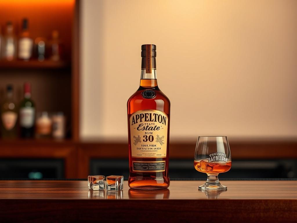 A realistic high-resolution photo of a bottle of Appleton Estate Rum placed elegantly on a polished wooden bar top. The background features soft, warm lighting that highlights the amber color of the rum in the bottle. The setting is minimalistic, focusing on the bottle as the sole subject, with a few ice cubes and a whiskey glass beside it to emphasize its use in cocktails. The overall composition conveys a luxurious and inviting atmosphere.