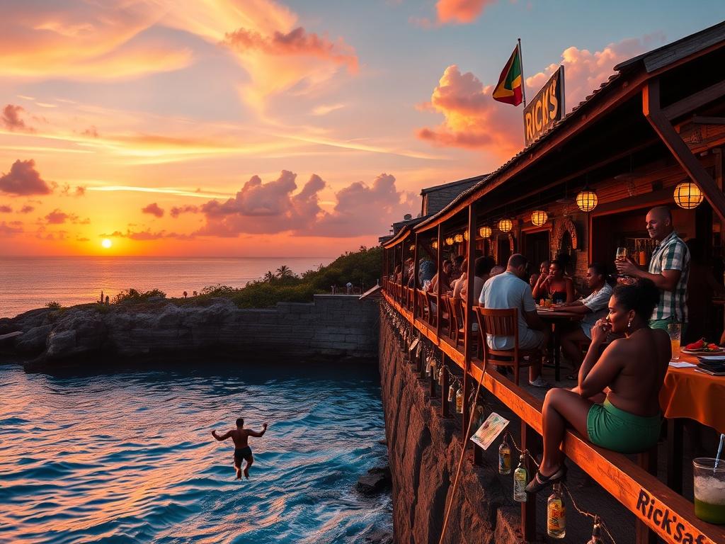 A vibrant sunset at Rick’s Café in Negril, with people enjoying drinks and food. In the foreground, a cliff diver is about to leap into the water, capturing the thrill of the moment. The sky is painted in warm hues of orange and pink, while the café's lively atmosphere adds to the scene.