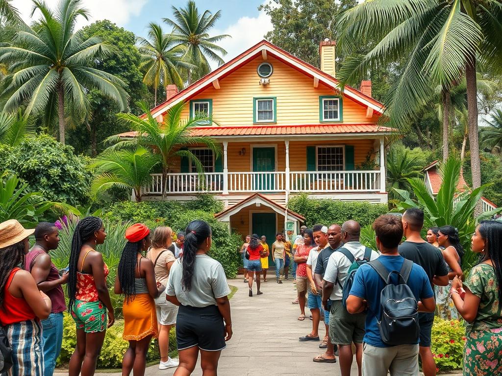 A vibrant scene at the Bob Marley Museum, showcasing the iconic house with lush gardens. A diverse group of tourists is engaged in a guided tour, listening to stories about Bob Marley's life. The atmosphere is lively, with reggae music playing in the background, creating a cultural experience.