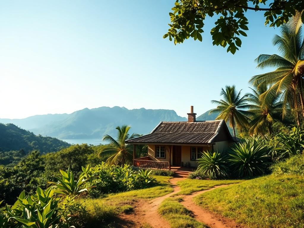 A scenic view of the lush Jamaican countryside with a focus on a rustic, charming house surrounded by greenery, representing Bob Marley's birthplace. The sky is clear and bright, emphasizing the vibrant colors of nature. The composition should convey a sense of tranquility and cultural richness, with mountains in the background and a path leading to the house, inviting viewers to explore.