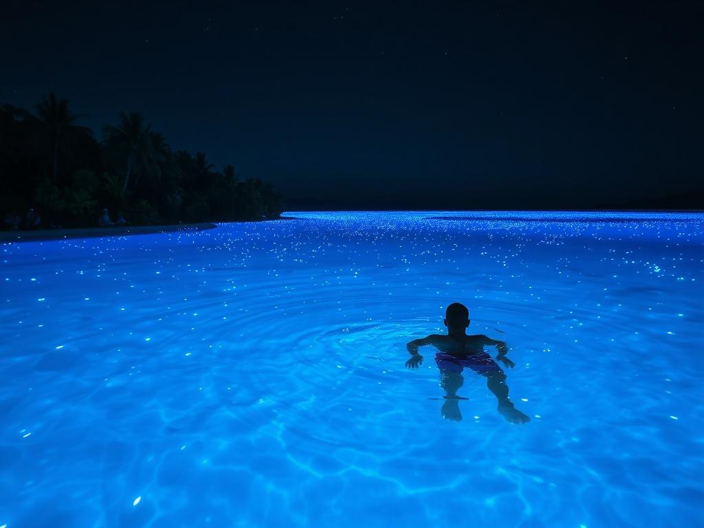 A serene night scene of the Luminous Lagoon in Jamaica, showcasing sparkling blue bioluminescent waters. In the foreground, a person is swimming, creating ripples that illuminate the water with vibrant blue light. The background features lush tropical vegetation and a clear starry sky. The composition is simple and focuses on the glowing water and the swimmer, emphasizing the enchanting beauty of this natural phenomenon.