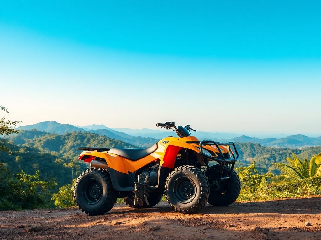 A high-resolution image of an all-terrain vehicle (ATV) parked on a rugged trail, surrounded by lush tropical greenery and distant hills. The ATV should appear vibrant and well-maintained, showcasing its adventurous spirit. The background should be clear and inviting, emphasizing the natural beauty of Jamaica's landscapes. The scene should be bright and colorful, with bold greens and earth tones, capturing the essence of outdoor exploration.