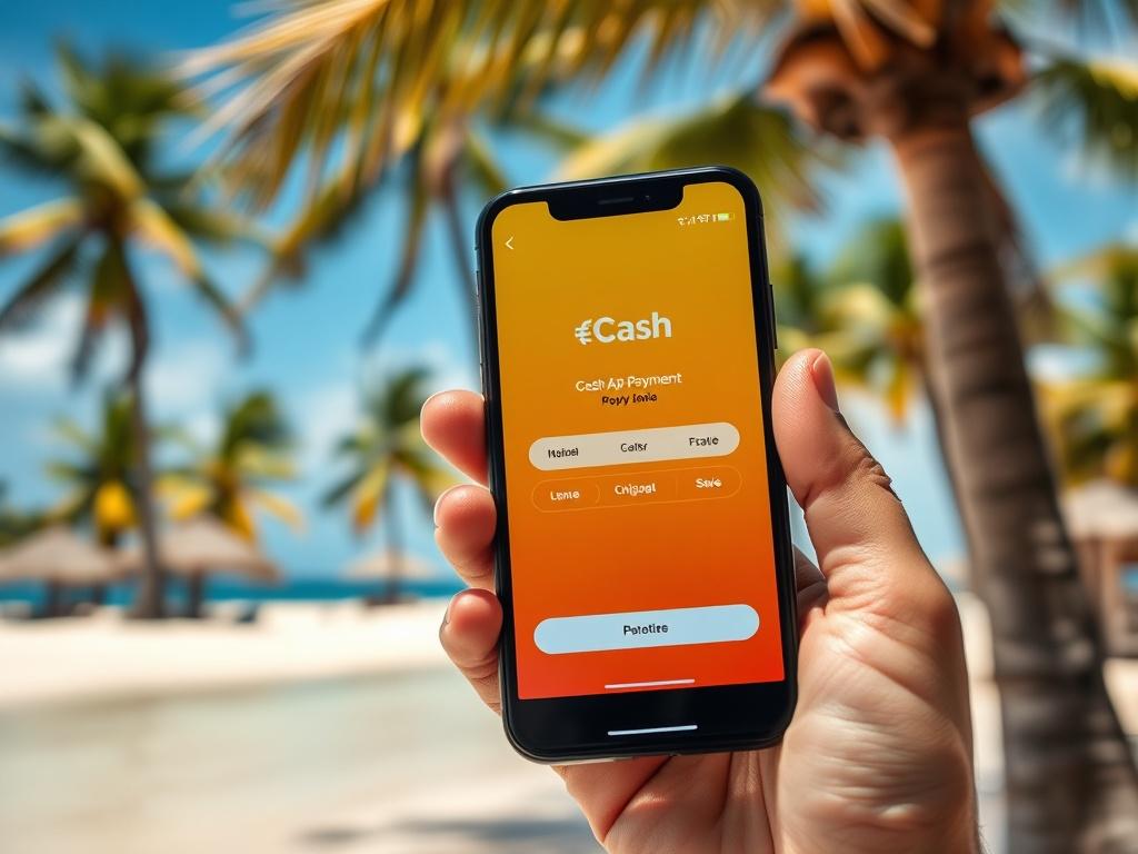 A close-up view of a smartphone screen displaying the Cash App payment interface, with vibrant colors reflecting a tropical vibe. The background should be a blurred image of a sunny beach in Jamaica, showcasing palm trees and clear blue skies. The composition should focus on the smartphone as the primary subject, emphasizing the simplicity and ease of making payments while on vacation.