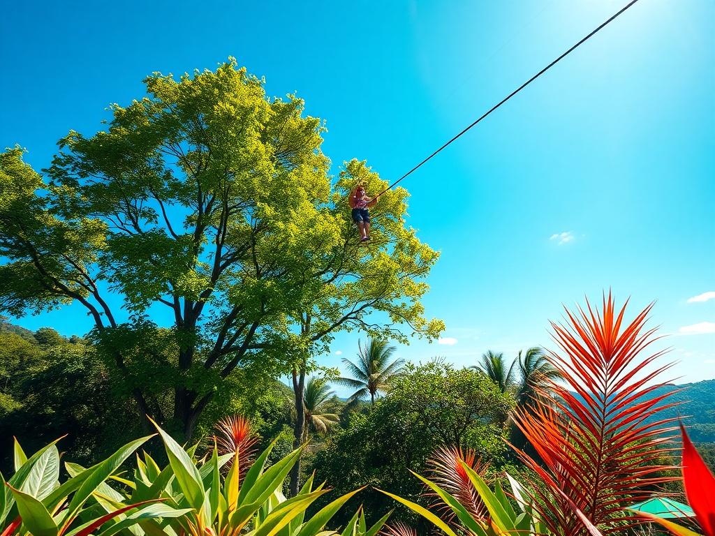 A vibrant and inviting scene depicting a zip-lining adventure in Chukka Cove, Jamaica. The composition should feature a single zip-liner soaring through lush green trees with a clear blue sky in the background. The foreground should show vibrant tropical plants and a glimpse of the iconic Jamaican landscape. The focus should be on the thrill of the activity, capturing the excitement and natural beauty of the location in photorealistic detail.