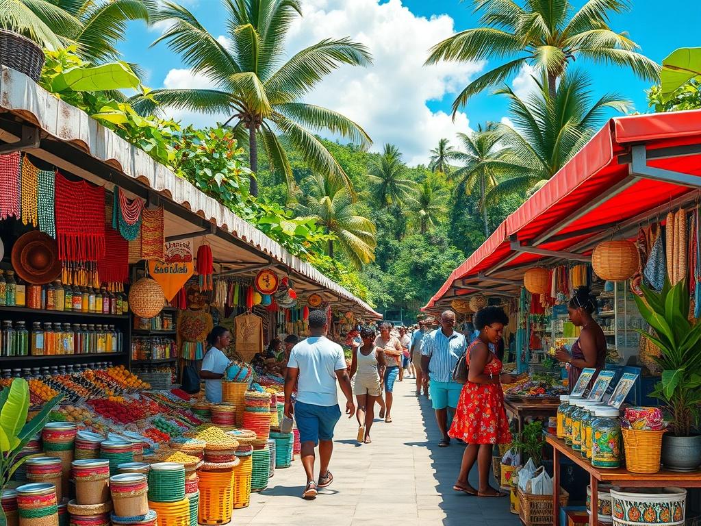 A vibrant shopping scene in Jamaica, showcasing colorful market stalls filled with handcrafted goods, spices, and souvenirs. The background features lush tropical greenery and a bright blue sky, capturing the essence of a lively shopping excursion. The composition should focus on the bustling market atmosphere, with shoppers engaging with friendly vendors.